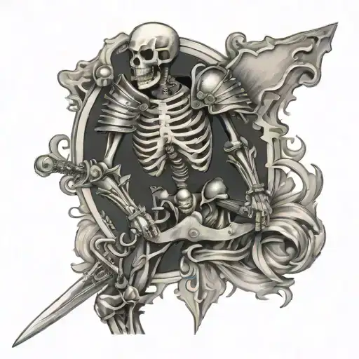 human skeleton with knight armour plate holding a claymore tattoo design idea