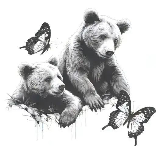 two bear cubs playing with three butterflies fluttering tattoo design idea