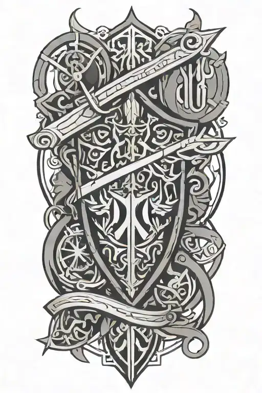 An abstract crest tattoo on the back of the thigh, representing Ogum, Ossaim, Exu, and Xangô. Include stylized symbols: sword and gears, sacred leaves, trident with flames, and double axe. Minimalist and tribal design, with black lines and subtle details, harmonizing the elements within the crest tattoo design idea