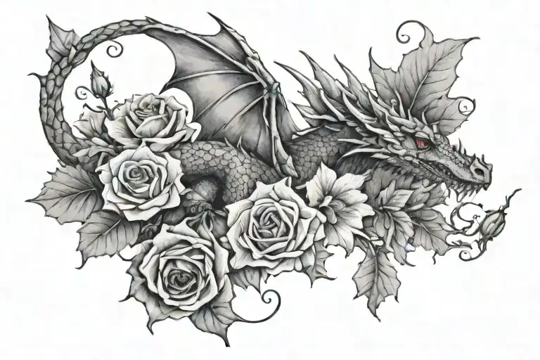 a dainty dragon carrying Narcissus, holly, poppy, and rose flowers tattoo design idea
