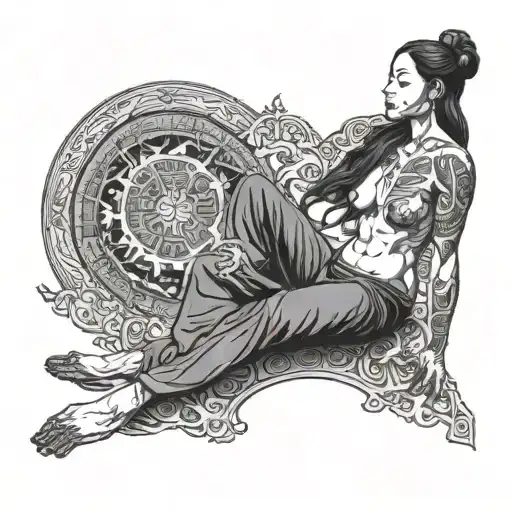  a woman meditating. She has long hair, with her hands, feet, and face depicted normally. Her legs are just muscles and  tattoo design idea