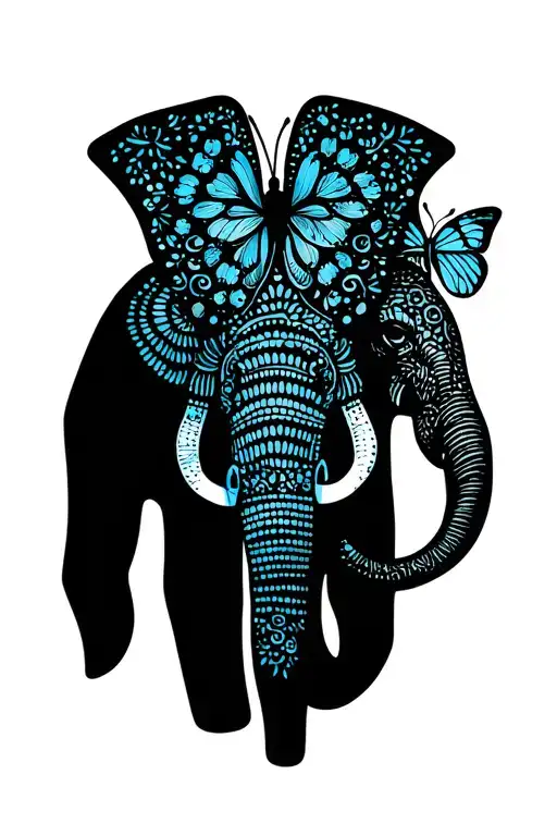 Detailed sexy hand and wrist henna tattoo blueish black color with a butterfly and elephant and olive tree elements  tattoo design idea