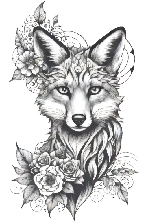 Half geometric, half realistic fox face with a crescent moon on it's forehead. Surrounded by floral elements in black an tattoo design idea