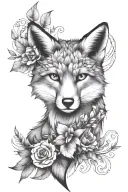 Half geometric, half realistic fox face with a crescent moon on it's forehead. Surrounded by floral elements in black an tattoo design idea