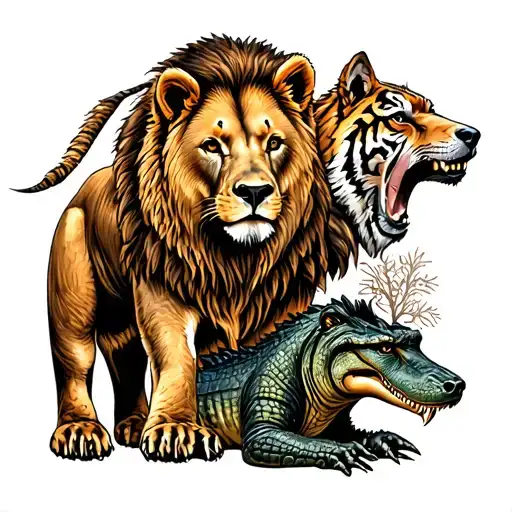 a sketch of a color tattoo depicting predatory animals, a lion, a bear, a tiger, a lynx, a wolf, a gorilla, a crocodile, tattoo design idea