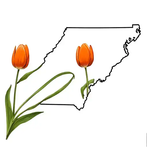 an outline of the map of north carolina with an orange tulip passing through it. tattoo design idea