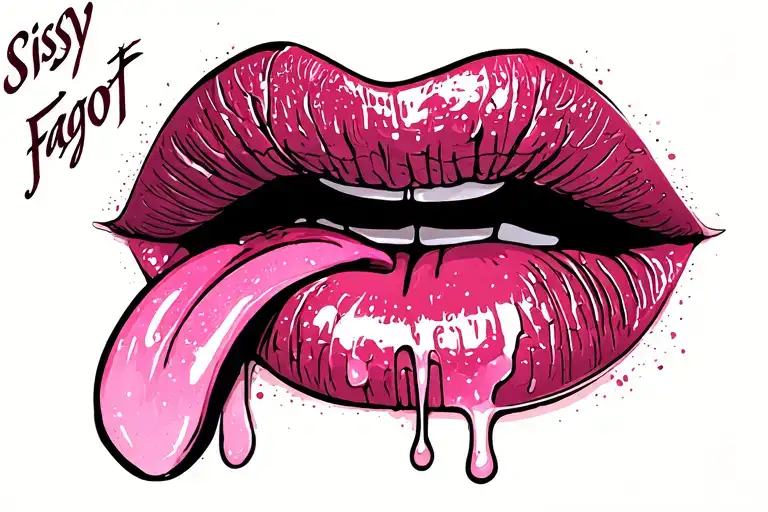 "Sissy Faggot" lips and tongue dripping white tattoo design idea