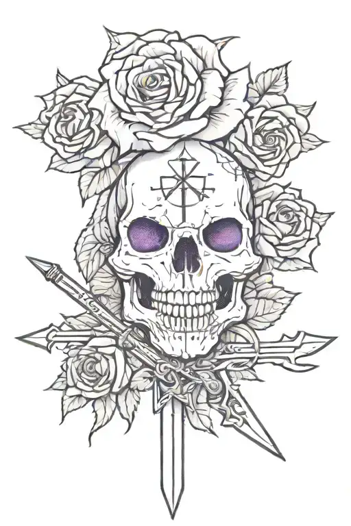 Tattoo with purple roses, one cat skull and one cat head, with three swords tattoo design idea