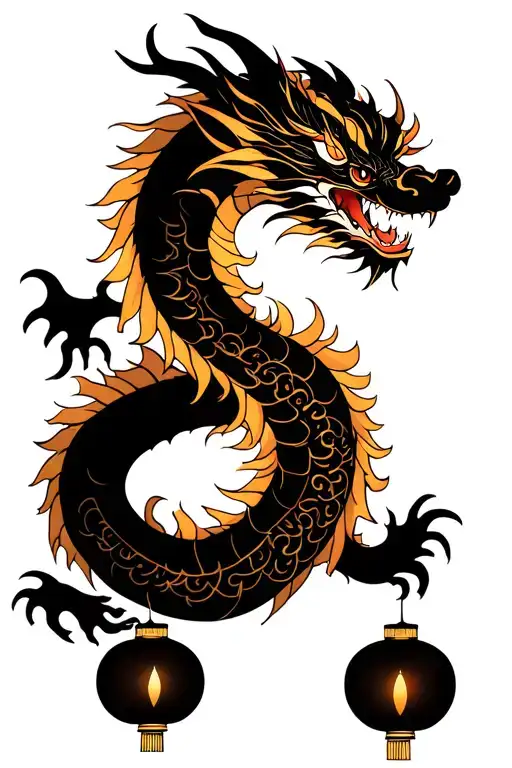 Eastern Dragon surrounded by 3 lanterns detailed tattoo design idea