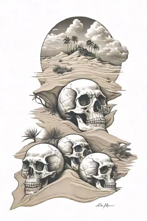 sand dunes and skulls and sky tattoo design idea