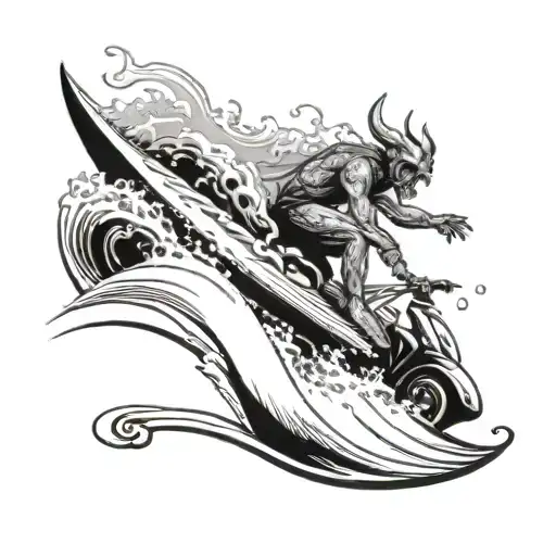 A tattoo design featuring a surfing wendigo riding a car through a wave, symbolizing the client's diverse interests tattoo design idea