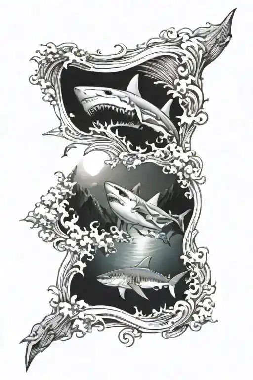 Ocean leading to river to mountains with shark swiming up river and space  tattoo design idea