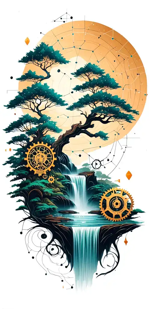 Collage of constellations, lush Buddhist-inspired landscape, trees, waterfall, wooden steampunk gears, lotus outline tattoo design idea