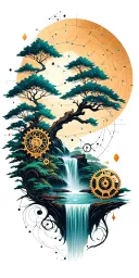 Collage of constellations, lush Buddhist-inspired landscape, trees, waterfall, wooden steampunk gears, lotus outline tattoo design idea