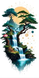 Collage of constellations, lush Buddhist-inspired landscape, trees, waterfall, wooden steampunk gears, lotus outline tattoo design idea