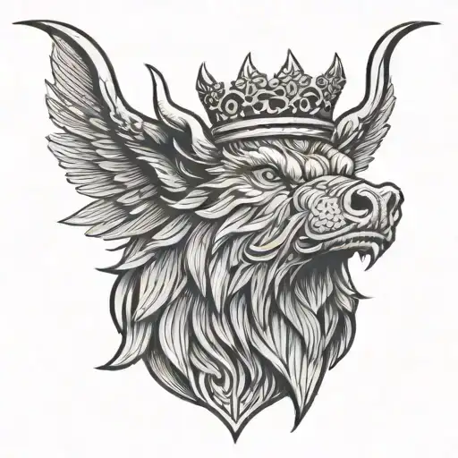 boar head wearing a crown with wings and sword and a celtic trinity knot background tattoo design idea
