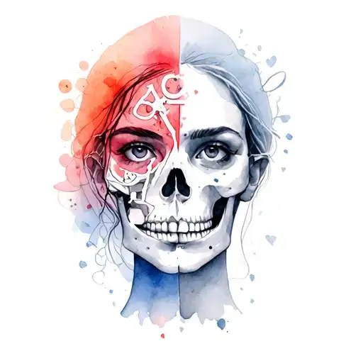 womans face thats half huma and skeleton surrunded by symbols of love, pain, addiction, life, strength, and weakness  tattoo design idea