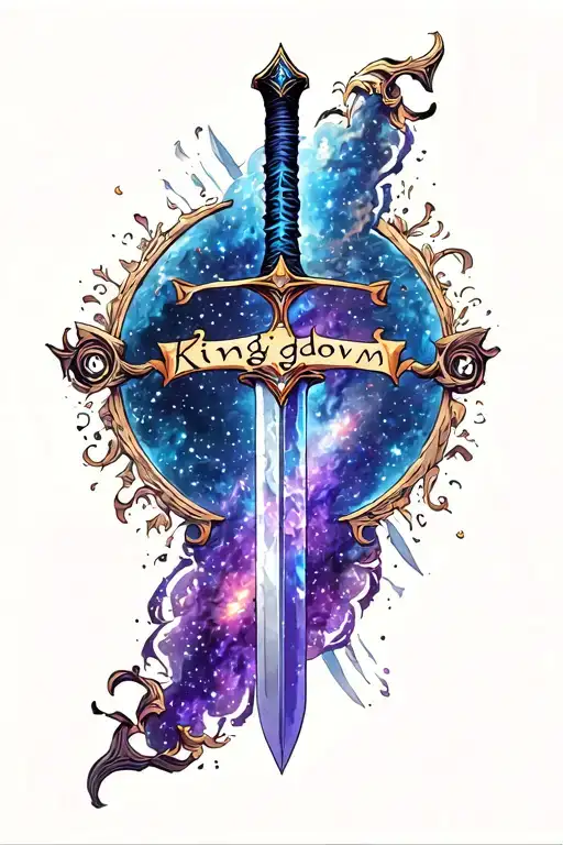 sword with galaxy surrounding it with the word 'kingdom' writen lengthewise on the blade tattoo design idea