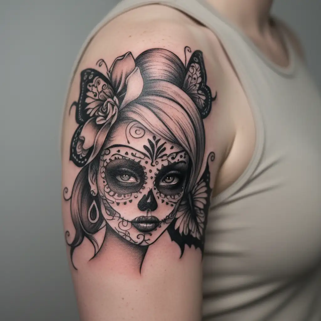 Disney tinkerbell sugar skull makeup black and white  tattoo design idea