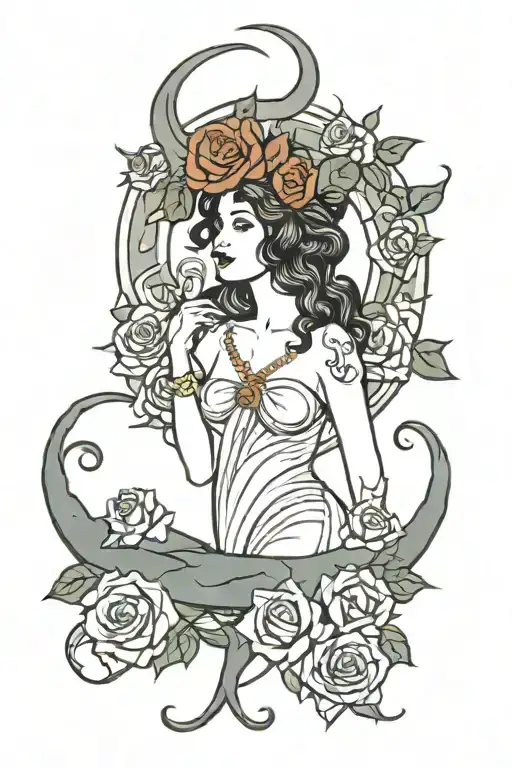 goddess lilith tattoo with snakes intertwined and horns powerful crescent moon roses art deco tattoo design idea