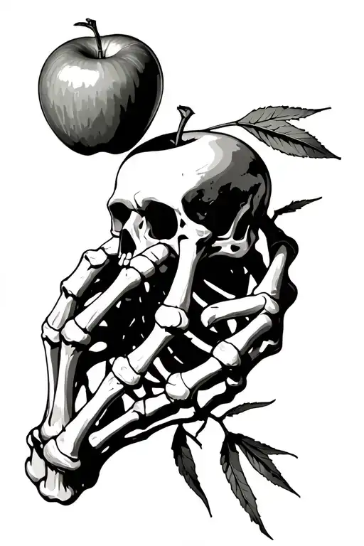 skeleton hand made out of bamboo holding an apple tattoo design idea