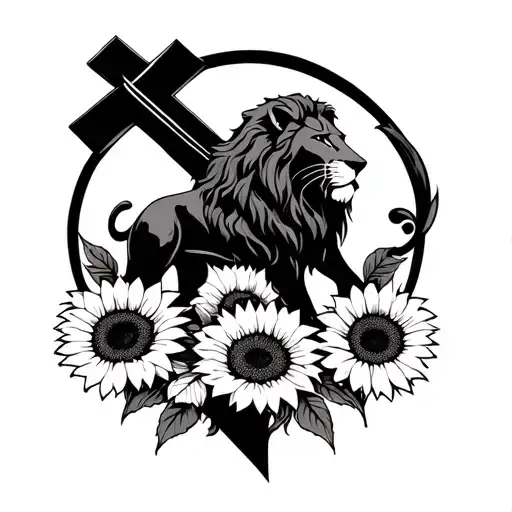 Lion with cross and sunflowers intertwined tattoo design idea