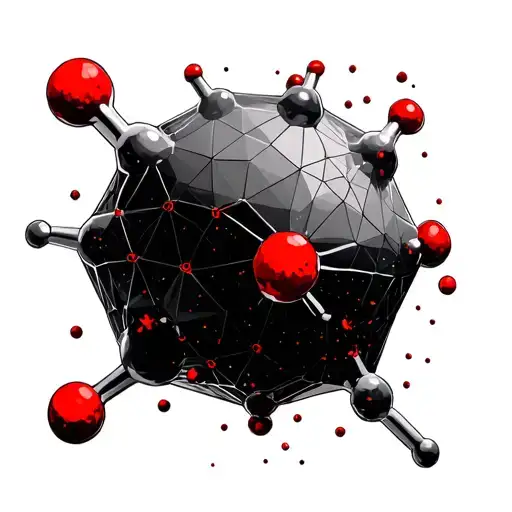 geometric chemical structure of hemoglobin, with small red color points and discreet asteroid collision  tattoo design idea