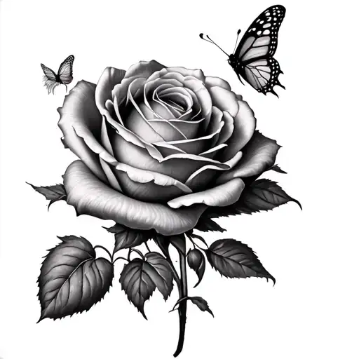 Tattoo project, realistic pencil drawing, a beautiful rose with a butterfly and some arabesques, white background tattoo design idea
