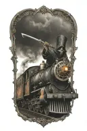 evil grim reaper riding a steampunk train  tattoo design idea
