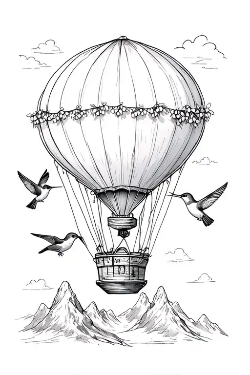 small hot air ballon mountains small humming birds pine tree iris daffodils lily of the valley lighting  tattoo design idea