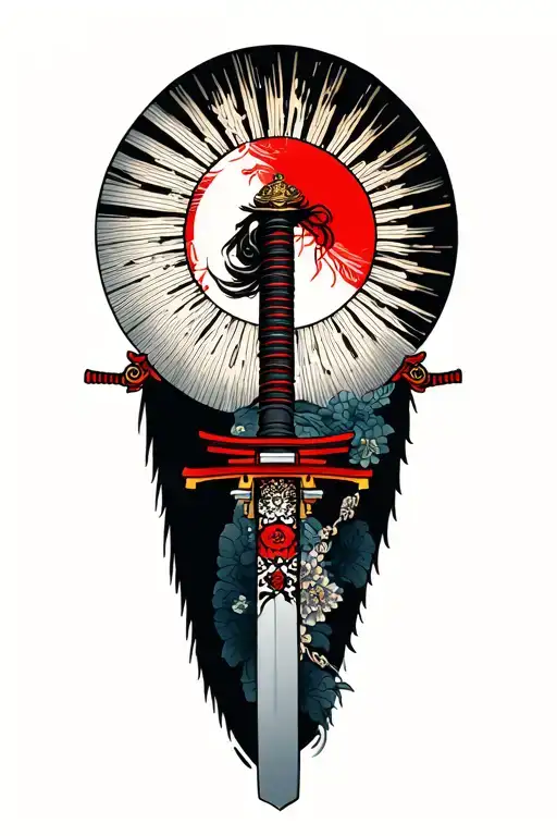 katana, Japanese sun, Shinto shrine tattoo design idea