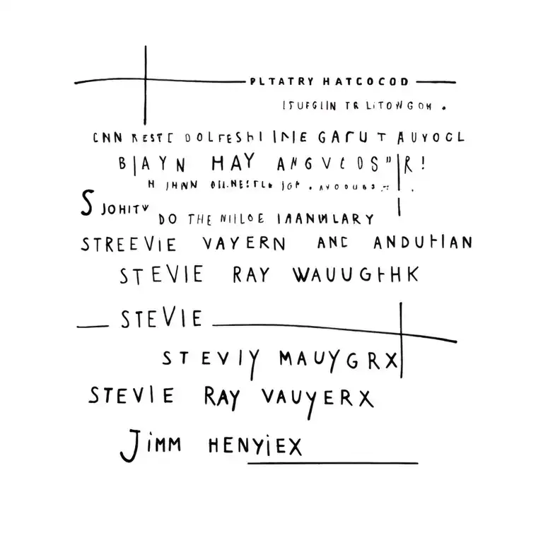 text tattoo with names of john mayer, stevie ray vaughn an jimi henrix in it tattoo design idea