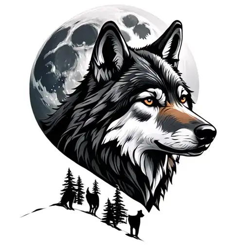 Wolf head in front of moon looking down on 2 cubs with mountain trees tattoo design idea