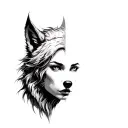 female viking face morphing  in wolf face. she represents strenght and beauty tattoo design idea