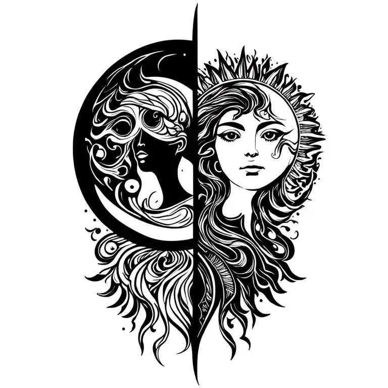 lady of the moon and knight of the sun in human figures giving the representation of the moon and the sun tattoo design idea