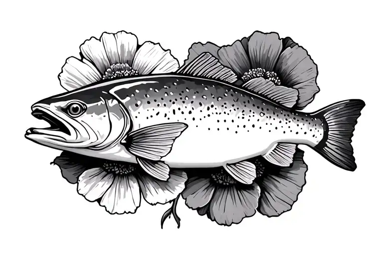 Rainbow trout with poppy flower tattoo design idea