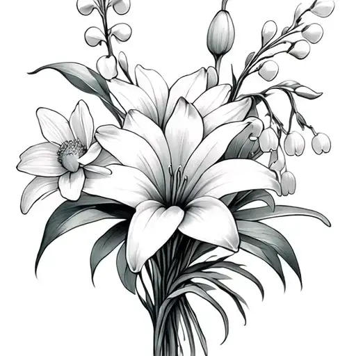 daisy, lily of the valley, and narcissus flower bouquet tattoo design idea