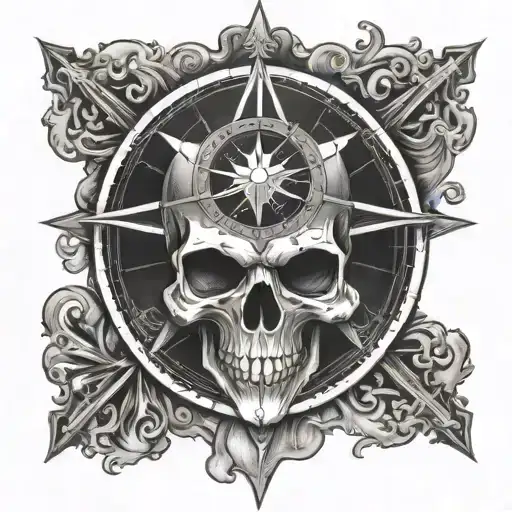 skull a compass showing tattoo design idea