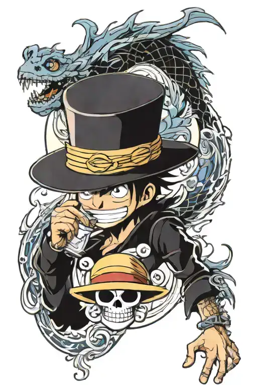 Luffy Hat One Piece with Ace Hat and Sabo Hat surrounded by kaidos dragon with moon background tattoo design idea
