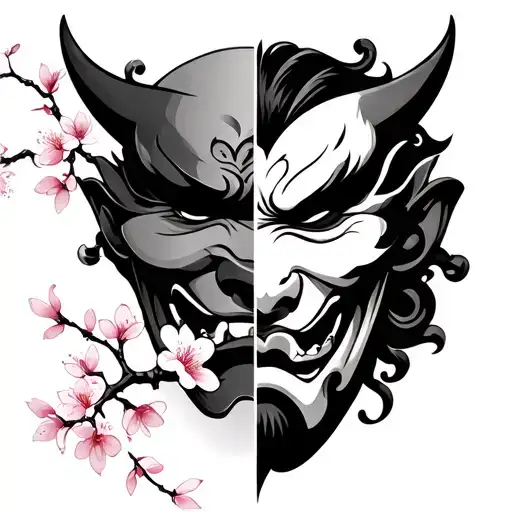 oni mask split in half with cherry blossom branch in between  tattoo design idea