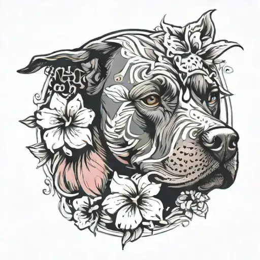 black pit bull and habiscus tattoo design idea