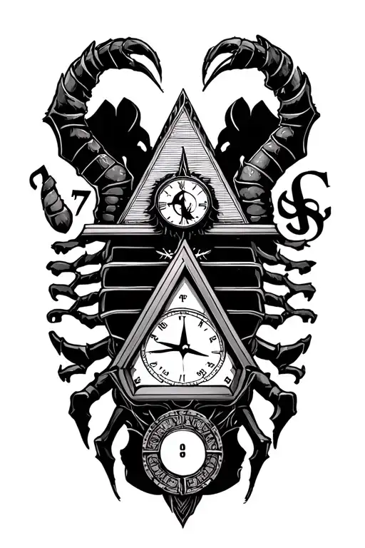 Scorpio with compass pyramid and clock and three 7s tattoo design idea
