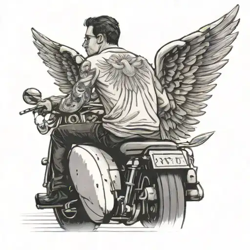 man on motorcycle looking behind him with angel wings coming from his back  tattoo design idea