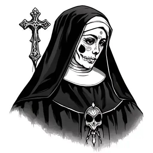 Tattoo sketch of a beautiful nun with a cross and small features of Santa Muerte tattoo design idea