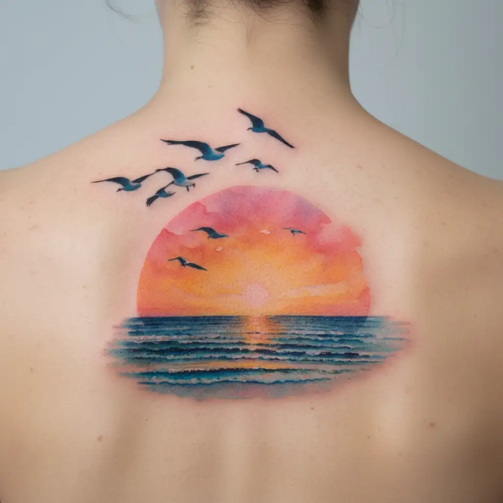 A tattoo design of 8 sandpipers flying over a beach at sunset, representing the client's love for their 8 grandkids and favorite beach scenes tattoo design idea