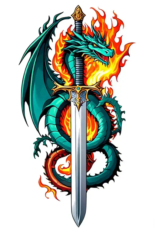 Guinevere, a sword and flaming dragon intertwined symbolizing good and evil tattoo design idea