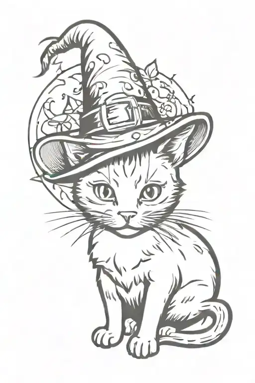 halloween themed cat wearing witch hat surrounded tattoo design idea