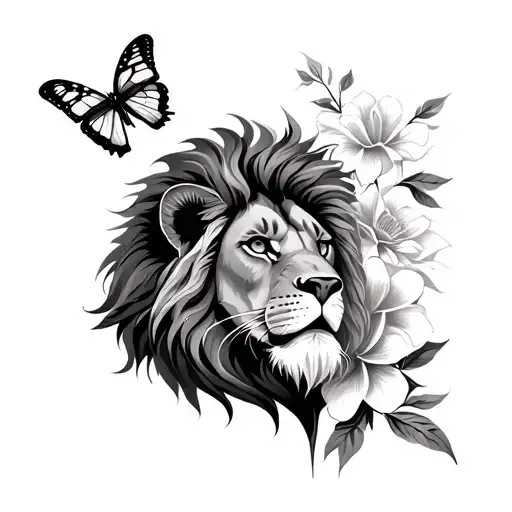 lion, flower,  butterfly  tattoo design idea