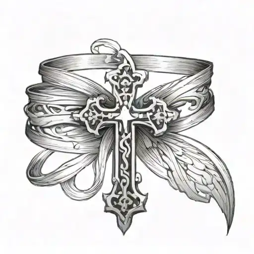 And what i want is a chain making a loop then it turns into a ribbon and it dips down and makes a cross tattoo design idea