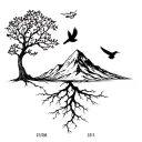 "07/06/2015" Mountain, tree of life with bird roots that fly away, tortoise at the bottom, date in Roman along the trunk tattoo design idea